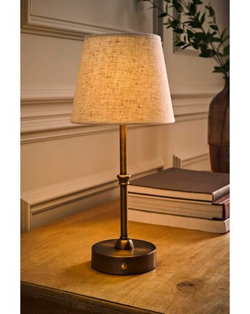 ValueLights Lowe Brushed Brass Rechargeable Table Lamp with Linen Taper Shade