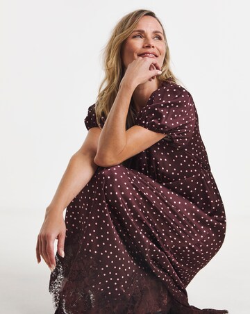 Burgundy Spot Hanky Hem Lace Trim Dress