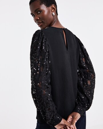 Black Sequin Lace Sleeve Top