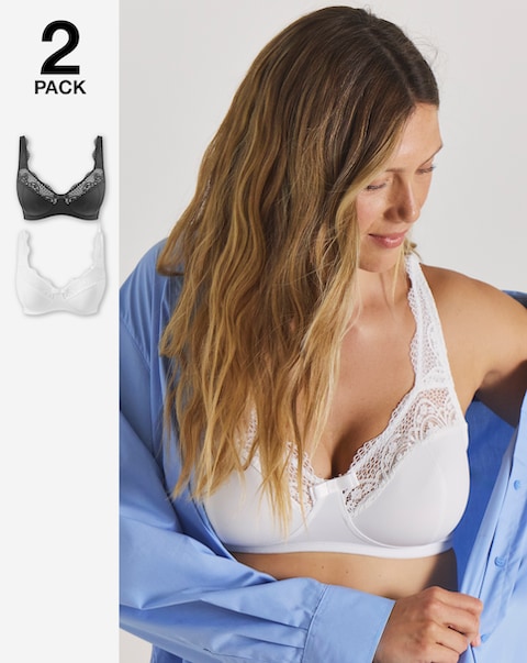 Pretty Secrets (2 Pack) Lottie Lace Non Wired Bras (B-F) White/Black