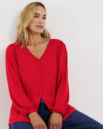 Red Button Front Long Sleeve Top