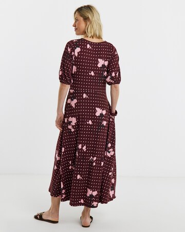 Burgundy Floral Puff Sleeve Jersey Tea Dress