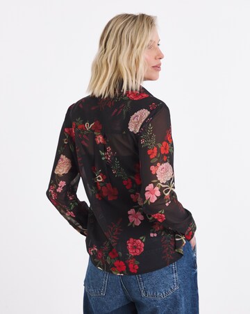 Black Floral Pintuck Peplum Hem Georgette Shirt