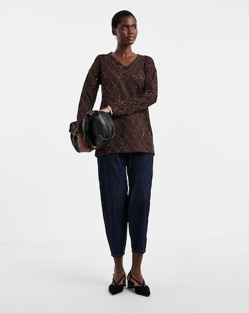 Chocolate Glitter Textured Long Sleeve V-Neck Top