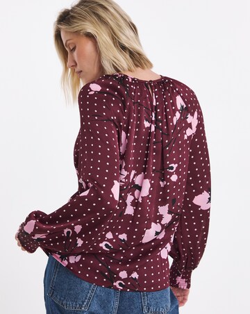 Burgundy Floral Bow Front Satin Blouse