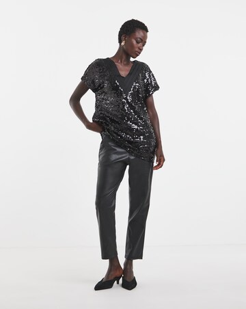 Black Longline V-Neck Sequin Top