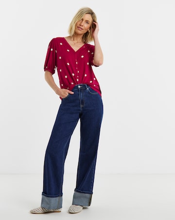Pink Spot Button Front Short Sleeve Top