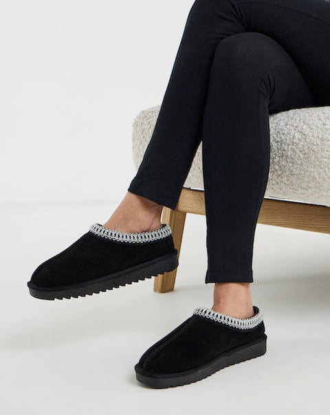 Reese Suede Embroidery Mule Snug Slippers - Extra Wide Fit (EEE)