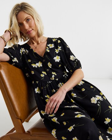 Black Floral Print Puff Sleeve Drop Waist Button Midi Dress