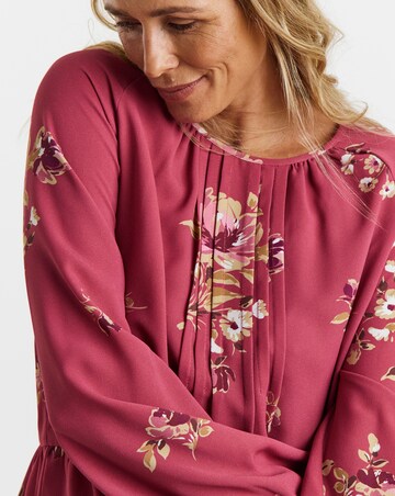 Floral Print Pintuck Long Sleeve Peplum Blouse