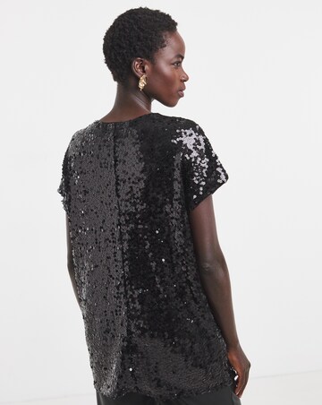 Black Longline V-Neck Sequin Top