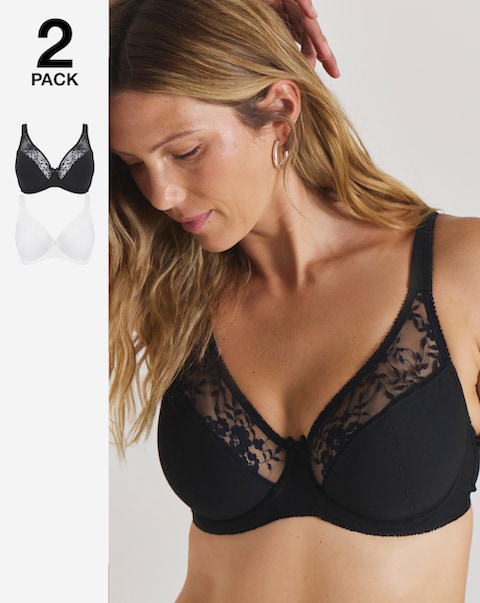 Pretty Secrets (2 Pack) Cotton Lace Full Cup Wired Bras (B-G) White/Black