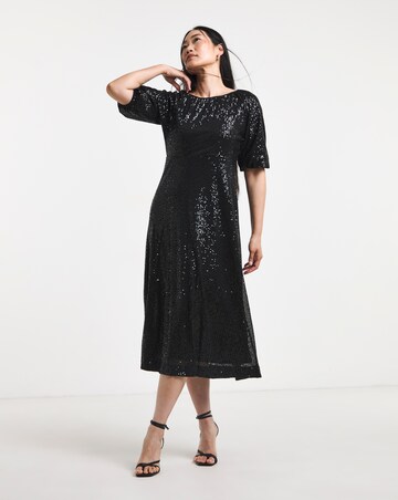 Linear Sequin Puff Sleeve Midi Dress