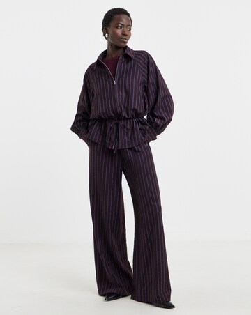 Plum Stripe Collat Detail Full Zip Elasticated Waist Top