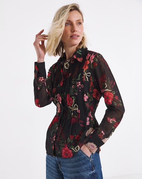 Black Floral Pintuck Georgette Shirt