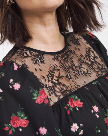 Floral Border Print Lace Yoke Midi Dress