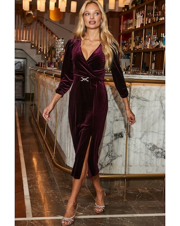 Sosandar Velvet Gold Trim Belt Midi Dress