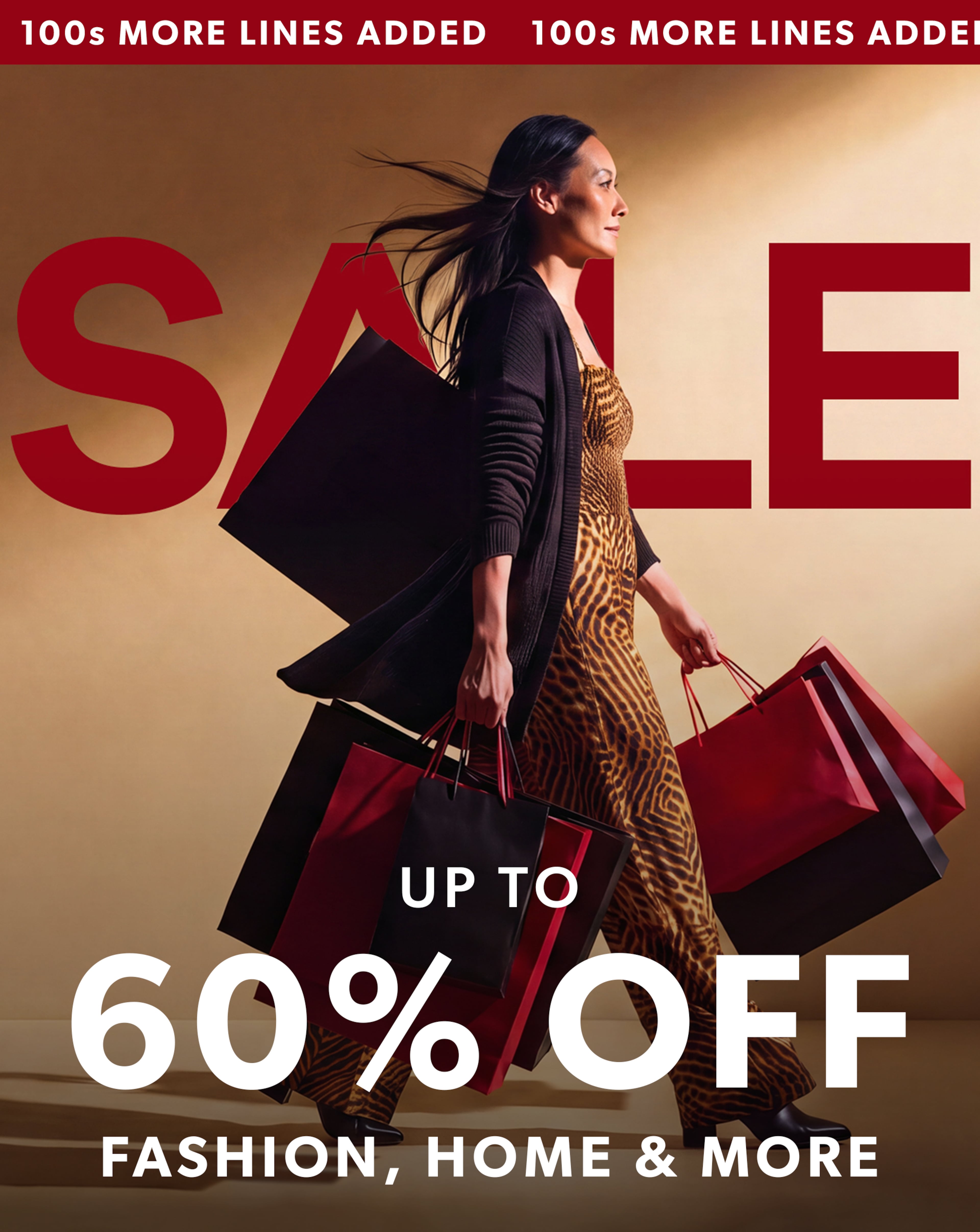 A woman in a leopard print jumpsuit carrying several shopping bags, with the headline “Sale up to 60% off".