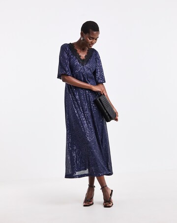 Navy Sequin Lace Trim Dress