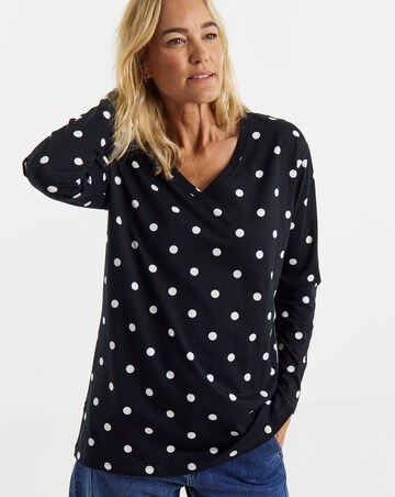 Mono Spot Print 3/4 Sleeve Slouch V-Neck Longline Top