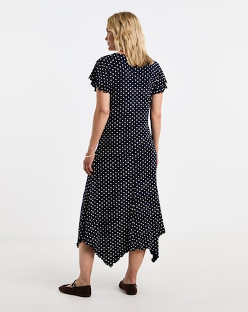 Navy Spot Flutter Sleeve Hanky Hem Midi Dress