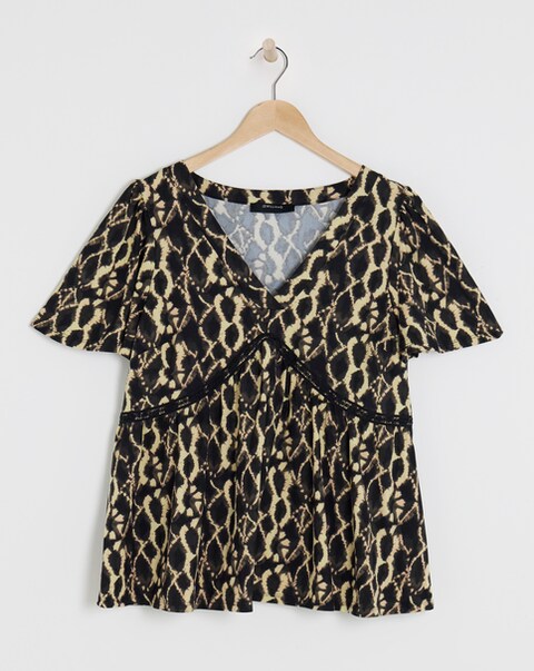 Black Print Crochet Contrast Top