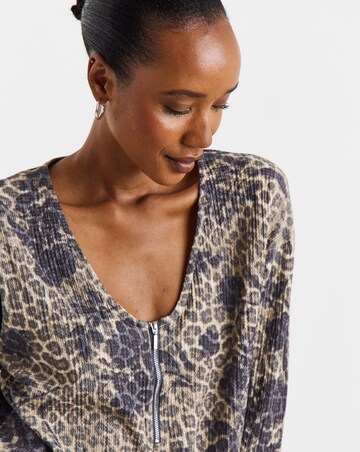 Leopard Floral Print Zip Front Long Sleeve Longline Top