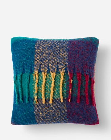 Bright Check Faux Mohair Fringed Cushion