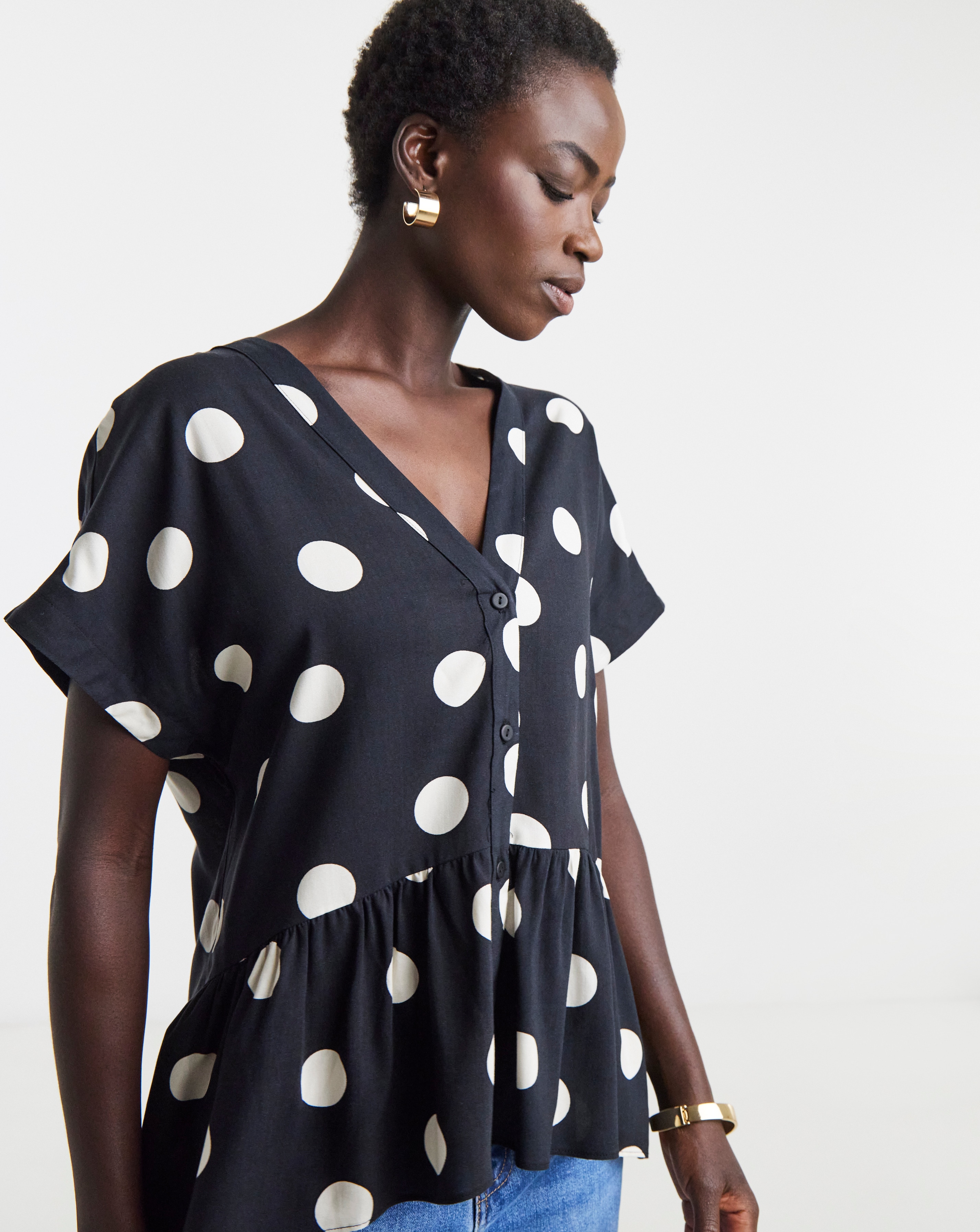 Puff Sleeve Shell Button Peplum Blouse | Ambrose Wilson