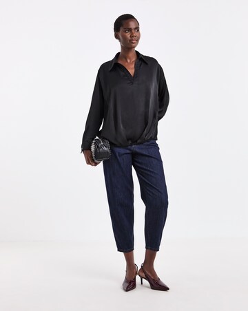 Black Satin Collar Detail Bubble Hem Blouse
