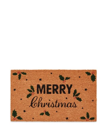 Merry Christmas Holly Coir Doormat