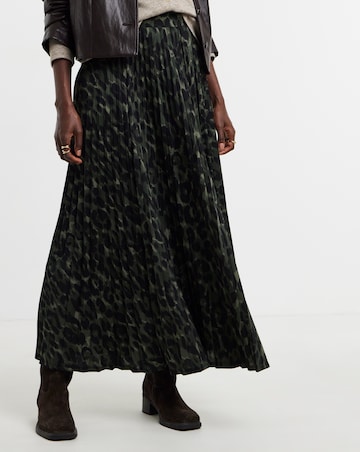 Khaki Leopard Jersey Pleated Midaxi Skirt