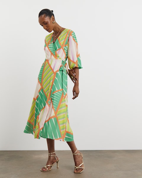 Joanna Hope Geo Print Functional Wrap Midi Dress