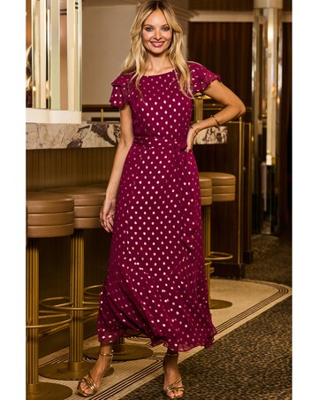 Sosandar Metallic Spot Frill Sleeve Godets Insert Midaxi Dress