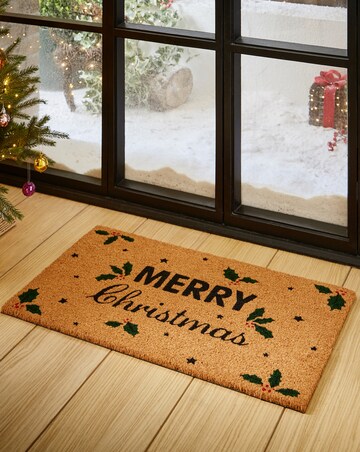 Merry Christmas Holly Coir Doormat
