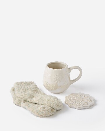 Iridescent White Snowflake Ceramic Mug, Coaster and Socks Set