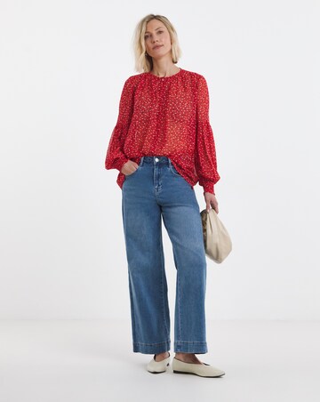 Red Ditsy Shirred Button Through Top