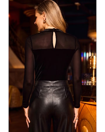 Sosandar High Neck Gold Trim Velvet Sheer Sleeve Top