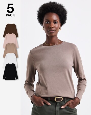 Black, White, Chocolate, Mocha, Blush 5 Pack Crew Neck Long Sleeve T-Shirt