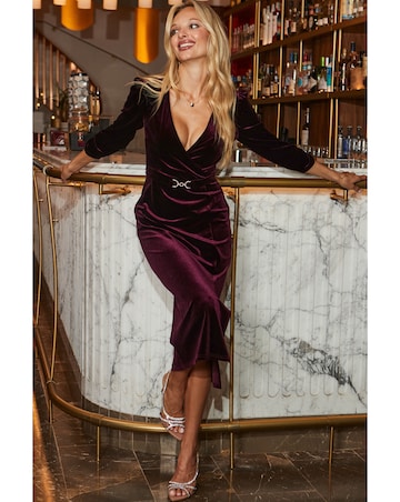 Sosandar Velvet Gold Trim Belt Midi Dress