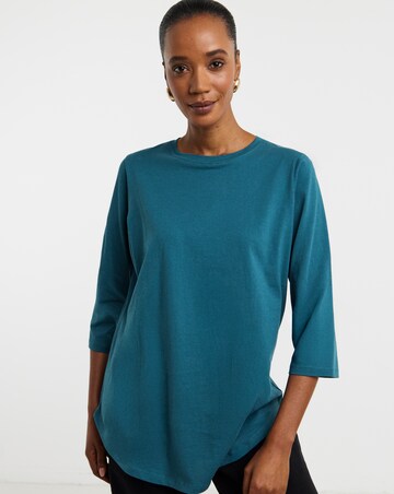 Blue Longline Curved Hem 3/4 Sleeve Top