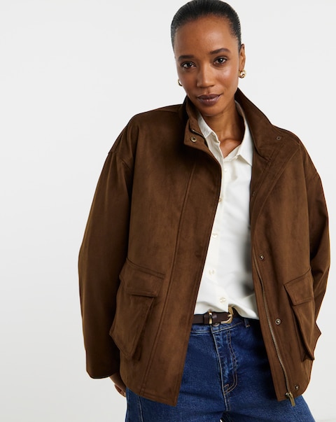 Tan Suedette Funnel Neck Relaxed Fit Jacket