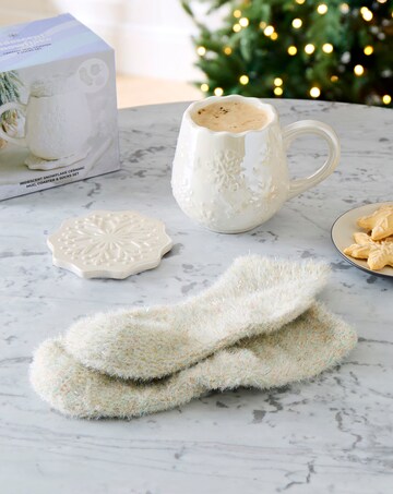 Iridescent White Snowflake Ceramic Mug, Coaster and Socks Set