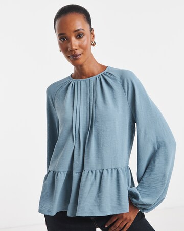 Blue Pintuck Peplum Long Sleeve Blouse