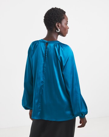 Blue Satin High Neck Exaggerated Sleeve Blouse