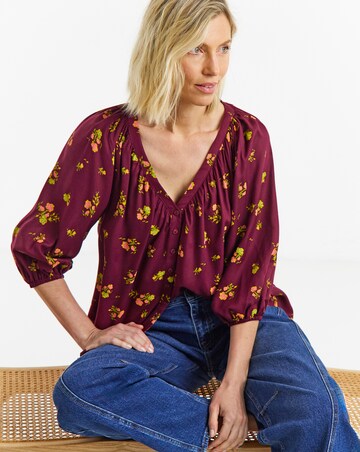 Black Floral Collarless Button Through Blouse