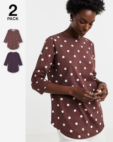 Chocolate Spot And Plum 2 Pack Curved Hem 3/4 Sleeve Longline Top