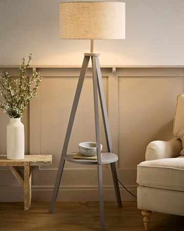 ValueLights Morrigan Grey Wood Tripod Floor Lamp with Shelf
