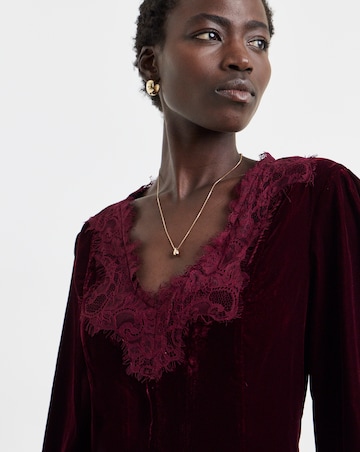 Burgundy Lace Trim Velvet Puff Sleeve Top