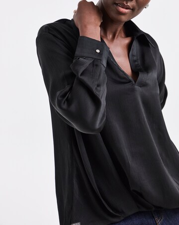 Black Satin Collar Detail Bubble Hem Blouse